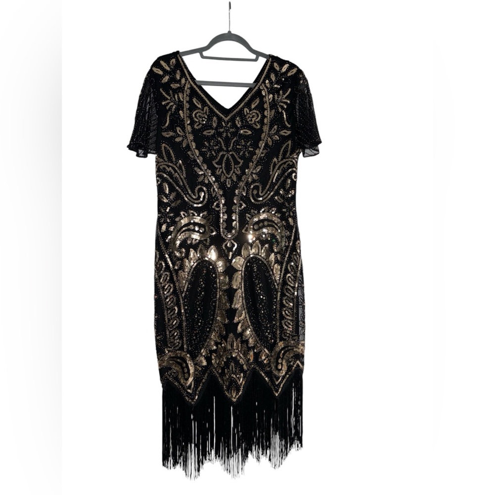 Black & Gold Beaded Fringe Midi Dress